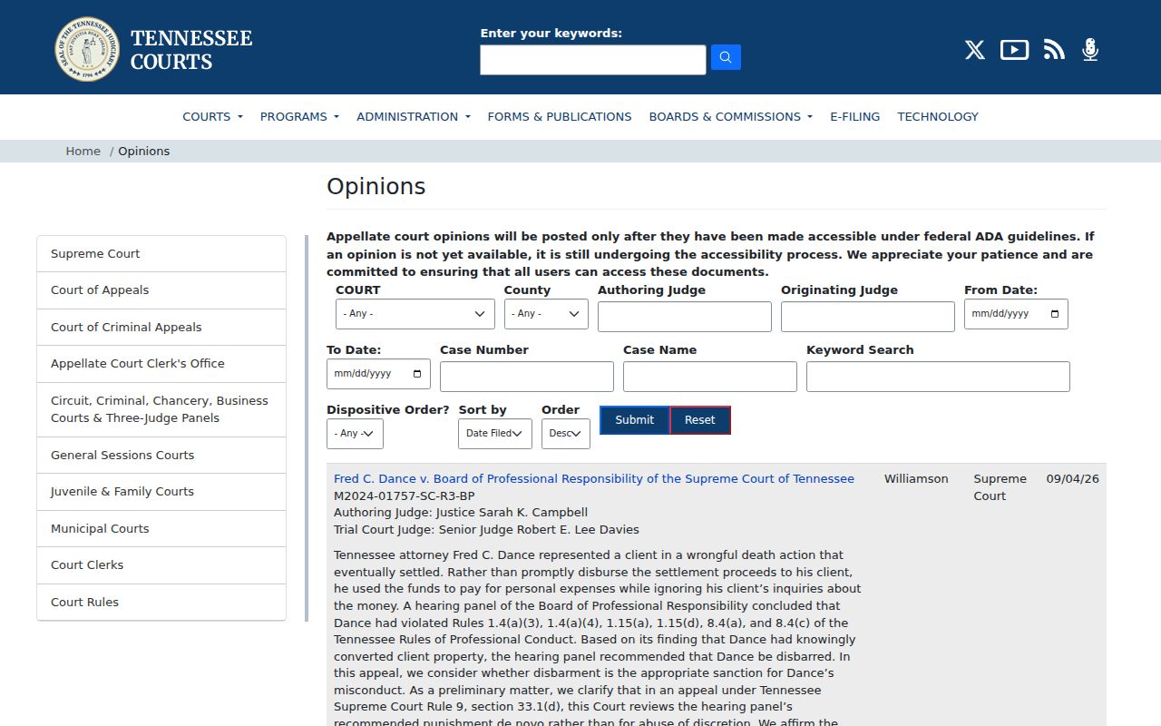 Tennessee appellate opinion search filters for court, county, judge, date, case number, and keyword