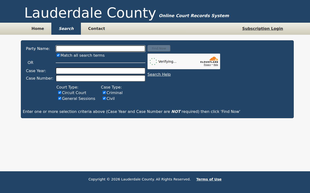 Lauderdale County civil docket portal showing Criminal and Civil case-type choices