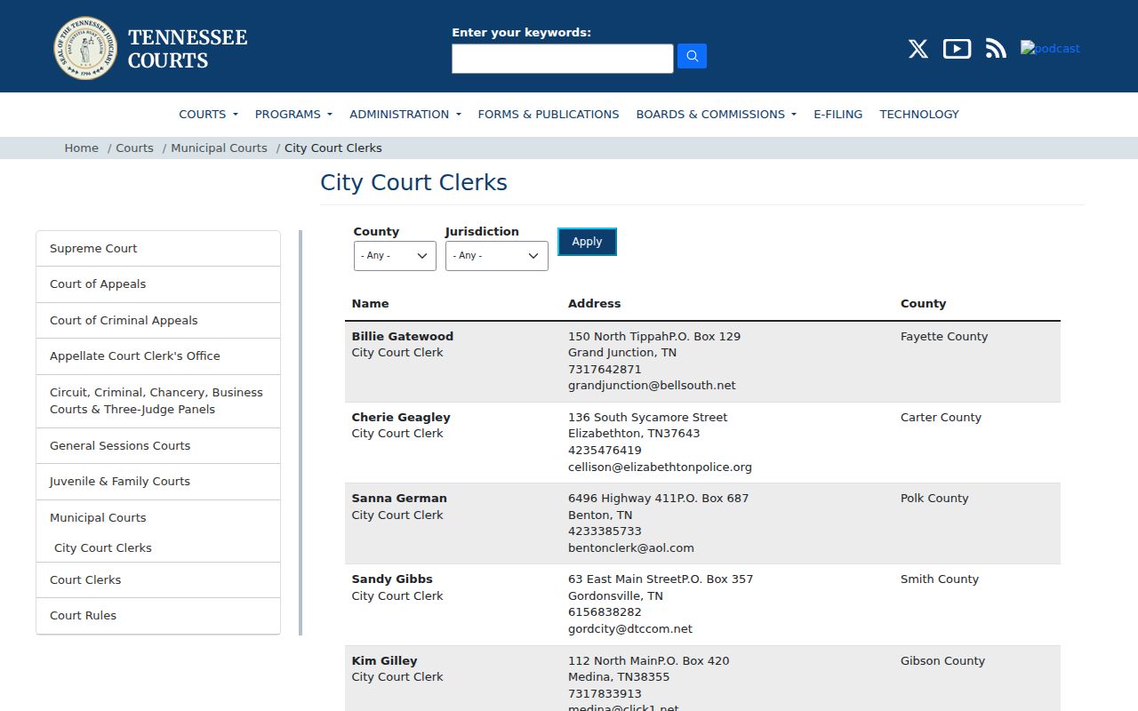 Tennessee AOC listing for Gates City Court Clerk Nancy Holman