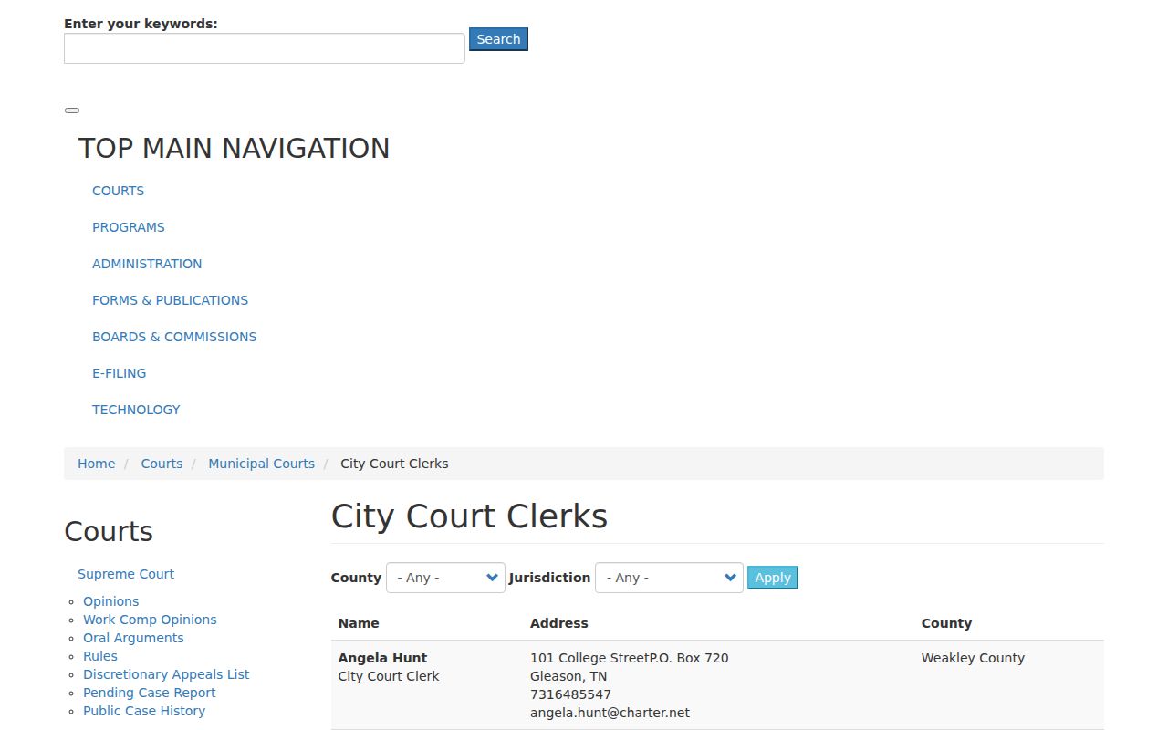 AOC municipal clerk directory page showing the separate Halls clerk entry