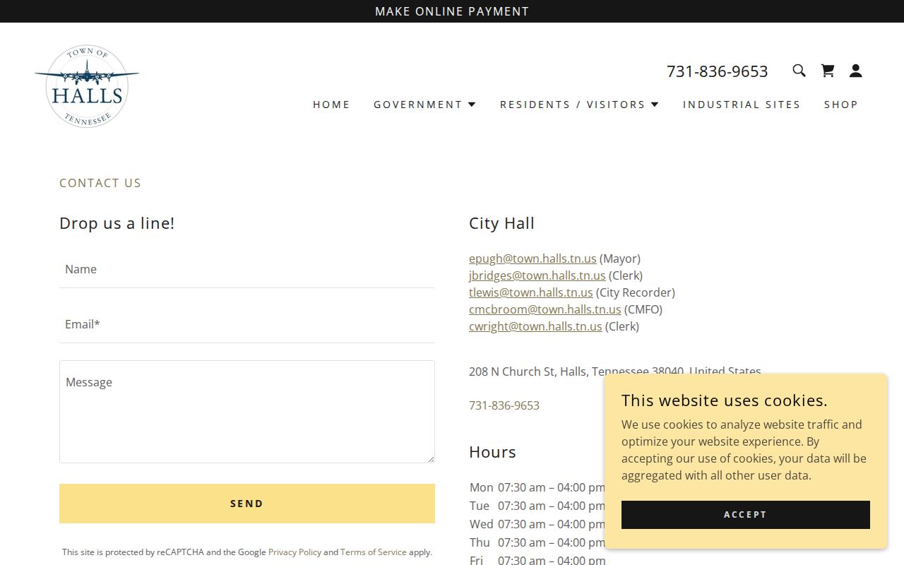 Official Town of Halls contact page and public office contacts