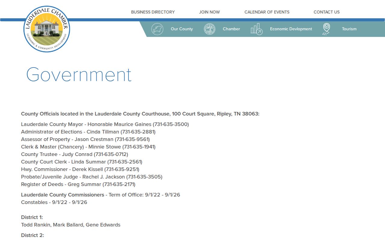 Lauderdale County government page with courthouse and Justice Complex contacts