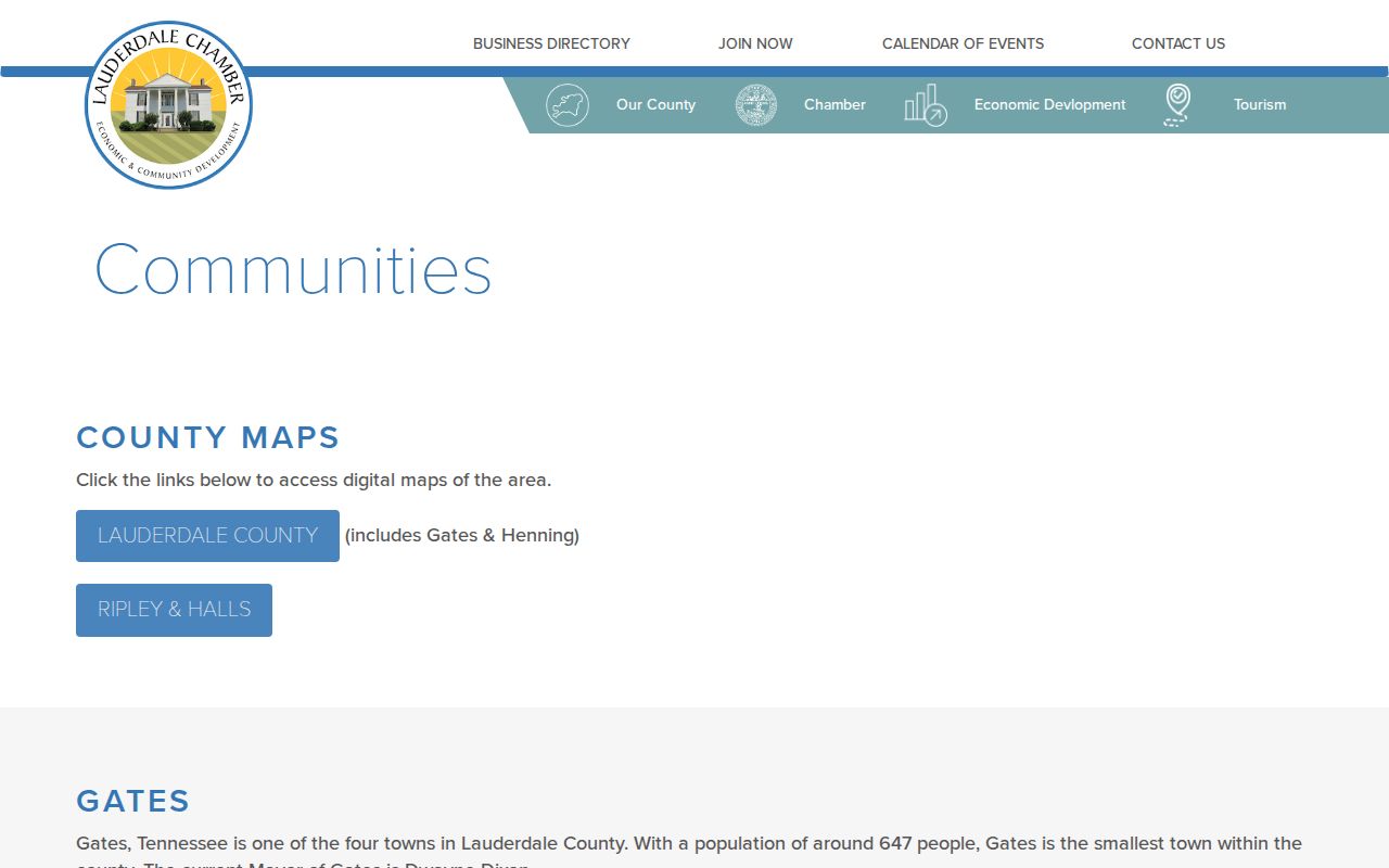Lauderdale County communities page listing Ripley, Halls, Henning, and Gates