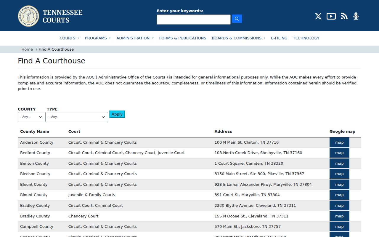 Tennessee court finder showing Lauderdale County courthouse information
