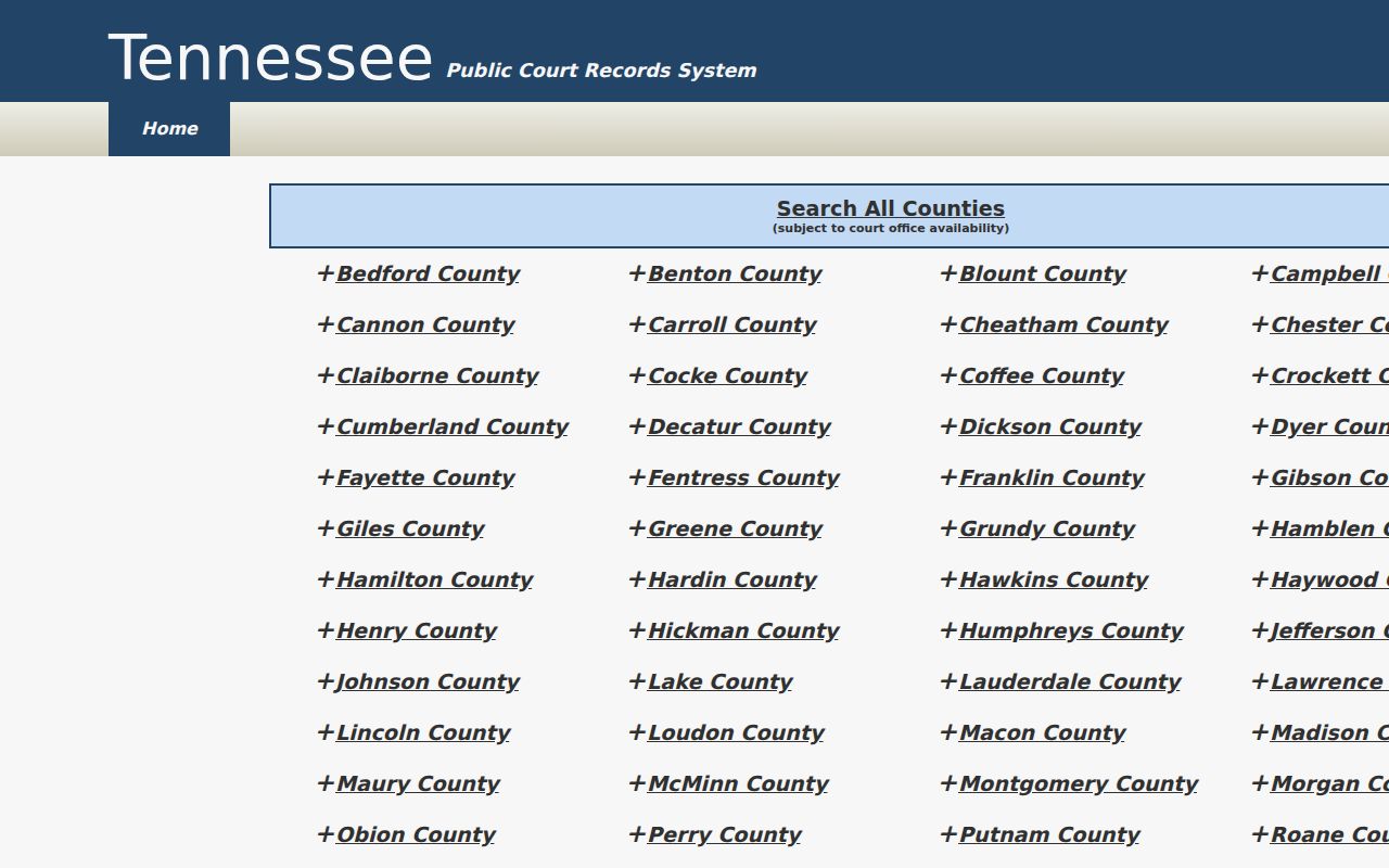 Tennessee participating-county court records directory with Lauderdale link