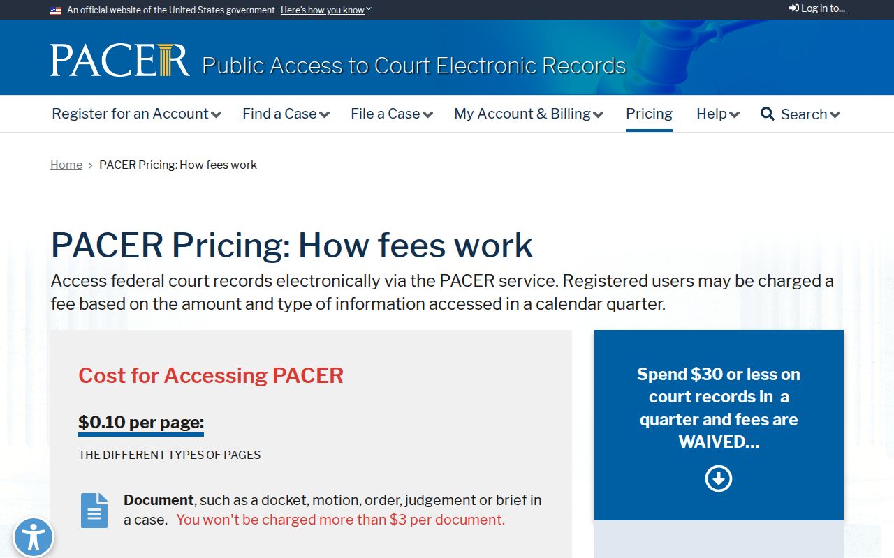 Official PACER public access pricing and waiver panel